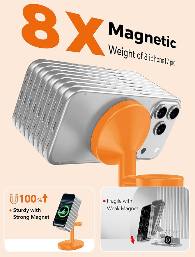 2026 3 in 1 Wireless Charging Station for Apple MagSafe Charger, 15W Fast Magnetic Mag-Safe Charger Stand for iPhone 17 16 15 14 13 12 Apple Watch AirPods Series, Orange