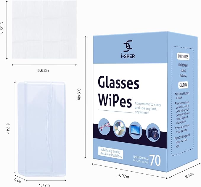 70 Count Lens Wipes for Eyeglasses, Pre-Moistened Individual Wrapped Glasses Wipes Lens Cleaner, with a Carrying Box, Defogging Screen Wipes for Sunglass, Goggles, Camera, Computer, Laptops Screens