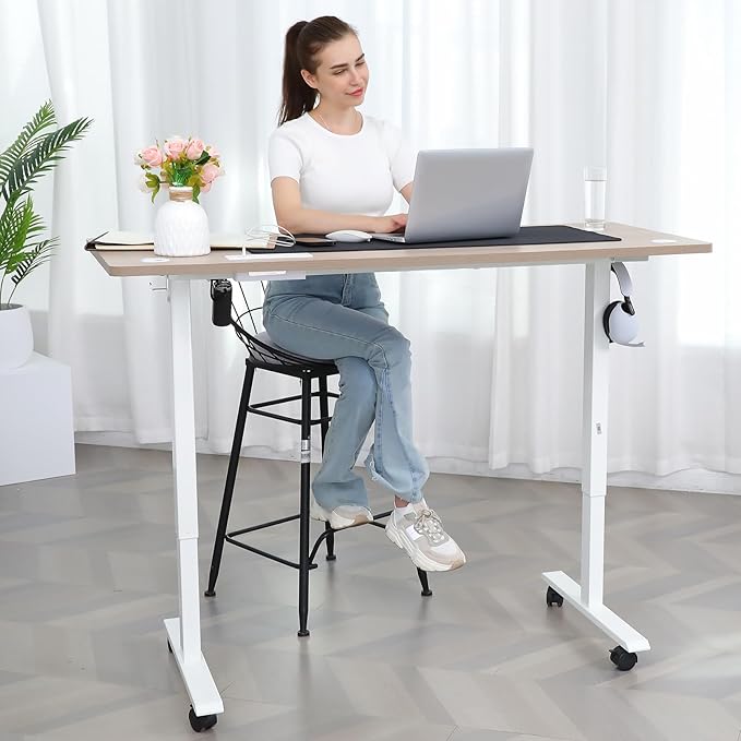 Electric Adjustable Standing Desk with Wheels, 63'' x 24''Sit Stand Table with Dual Crossbeam Structure and Mouse Pad, 27''-46'' Lifting Range Stand up Desk(White)