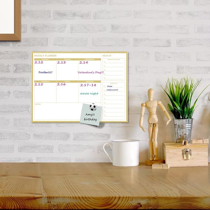 Dry Erase White Board Weekly Calendar Board, Magnetic Whiteboard for Wall,Gold Aluminum Frame Message Board,Horizontal,10.5“x14.5, Planner Board for Office, Home, Schooll(Weekly-BB-Gold-2737-L)
