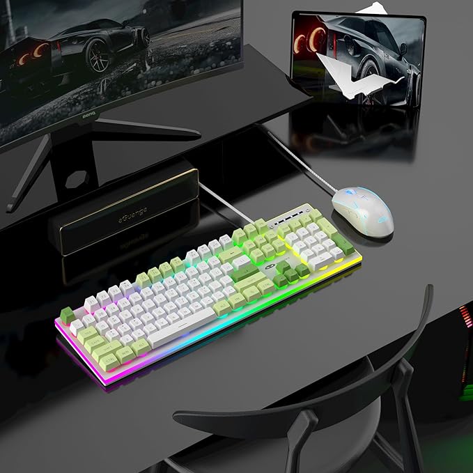 MageGee GT838 Gaming Keyboard and Mouse Combo, 104 Keys RGB Backlit Quiet Wired Keyboards with Number Pad, Metal Panel, Anti-Ghosting, Keyboards Set for Desktop, Laptop, PC, Green