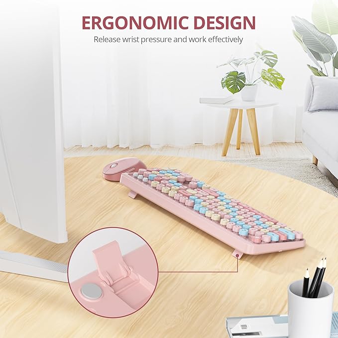 Cute Pink Keyboard and Mouse Combo Wireless, 2.4G Full Size 104-Key Retro Typewriter Keyboards Round Keys for Students Teenagers Home Office PC Laptop(Colorful Pink)