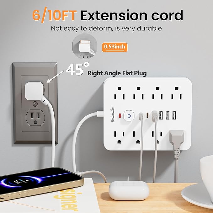 Surge Protector Power Strip - 8 Outlets(1250W/10A) 4 USB A（2 USB C, 10FT Flat Plug Extension Cord, Wall Mount Multi Plug Outlet Extender, ETL Listed for Home, Dorm Room