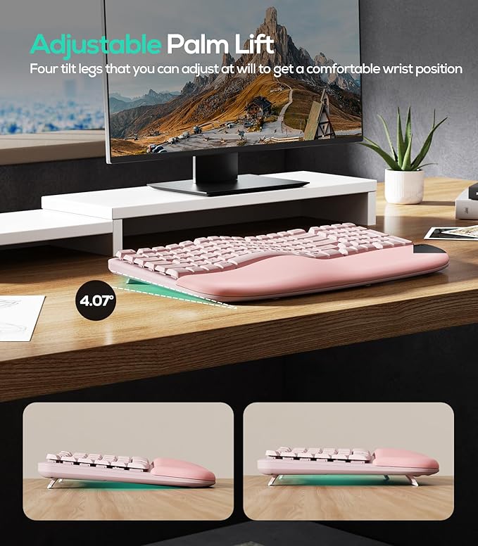Nulea RT08 Wave Keys Wireless Ergonomic Keyboard with Cushioned Palm Rest, 2.4GHz Ergo Cordless USB Computer Keyboard, Comfortable Natural Typing, for Laptop, Mac, Windows (Pink)