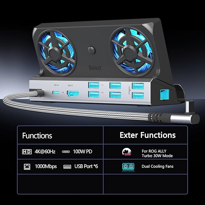12-in-1 Steam Deck Docking Station for Steam Deck/Rog Ally/Switch/Legion Go Dual Cooling Fans 4K@60Hz,6 USB Ports,1000Mbps,Type C 100W PD 40Gbps Adapter