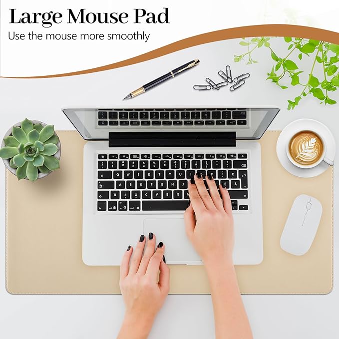 Beige Leather Desk Mat Large Mouse Pad, Waterproof Desk Pad for Keyboard and Mouse, Non-Slip Computer Desk Protector, Smooth Mouse Movement Desk Mat for Home and Office(23.6"×13.8")