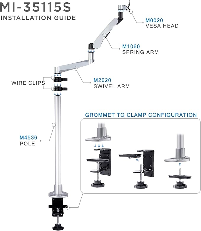 Mount-It! Premium Modular Monitor Desk Mount Arm Stand | Full Motion Gas Spring Arm Fits 19 21.5 24 27 32 Inch Computer Screens with 75 100 VESA Patterns | C-Clamp and Grommet Bases | 17.6 Pound Limit