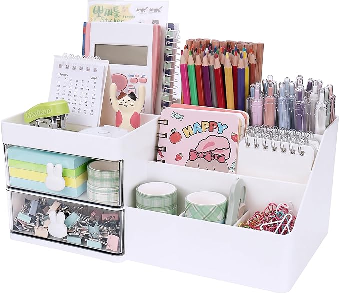 Desk Organizer, Makeup Organizer with 2 Drawer, 7 Compartment & a Top Tray, Desktop Organizers and Storage for Women, Cute Home organization Bathroom, 11" x 5.7" x 4.7" (White)