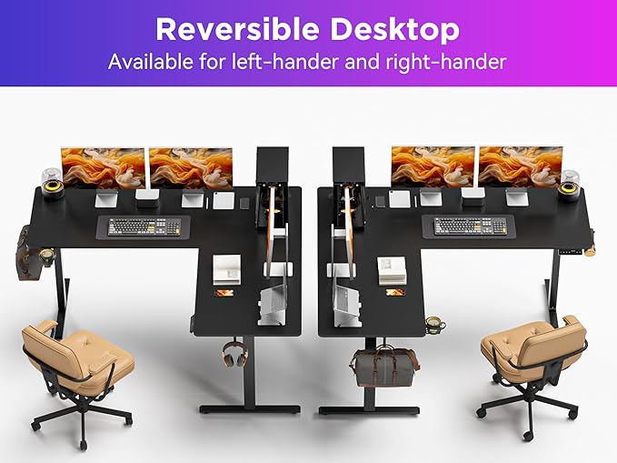 63x55 Inches Reversible L Shaped Standing Desk, Height Adjustable With Cup Holder, Electric Corner Computer Workstation, Sit Stand up Home Office, Ergonomic Gaming, Black