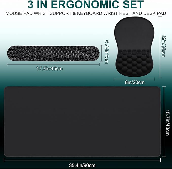 3 in 1 Set Ergonomic Mouse Pad with Wrist Rest, Keyboard Wrist Rest, Non-Slip Desk Pad, Memory Foam Breathable Support for Prolonged Typing and Mouse Use, Relief from Wrist Fatigue Jamboa