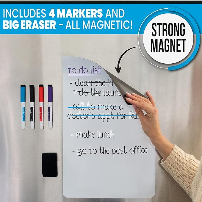 Cinch! Magnetic Whiteboard for Fridge 29 x 21 Inch - Stain-Resistant Dry Erase Board with 4 Fine Tip Markers and Large Eraser - Fridge Whiteboard Planner and Organizer for Kitchen or Office Use