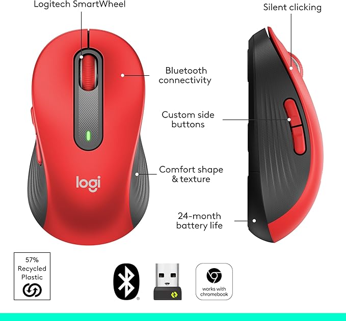 Logitech Signature M650 L Full Size Wireless Mouse - for Large Sized Hands, 2-Year Battery, Silent Clicks, Customizable Side Buttons, Bluetooth, for PC/Mac/Multi-Device/Chromebook - Classic Red