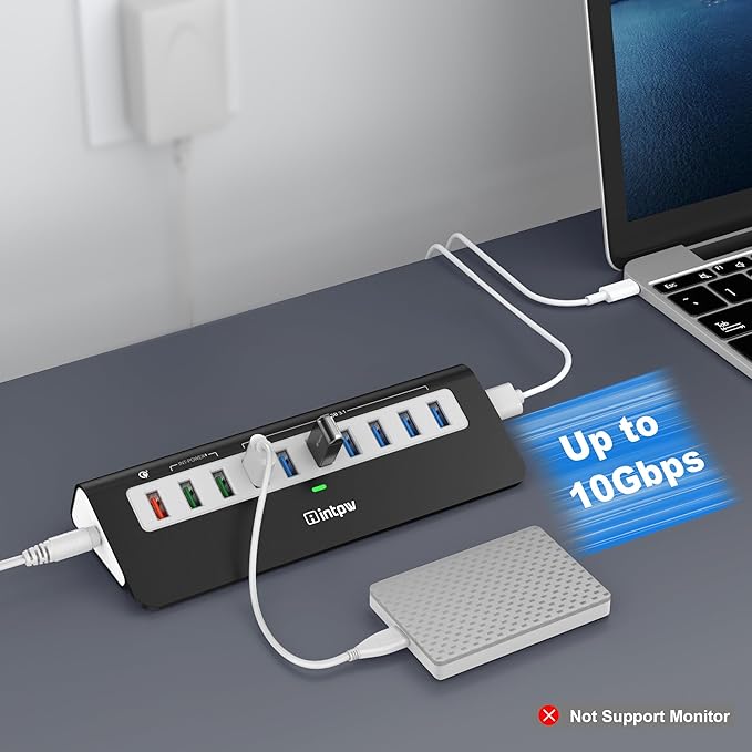 Powered USB Hub 10Gbps, 10 Port USB 3.2 Gen 2 Hub with 7 USB 3.2 Data Ports, 3 Fast Charging Ports, 36W Power Adapter, Type A and Type C Cable, Aluminum USB Data Hub for Mac, PC, Laptop