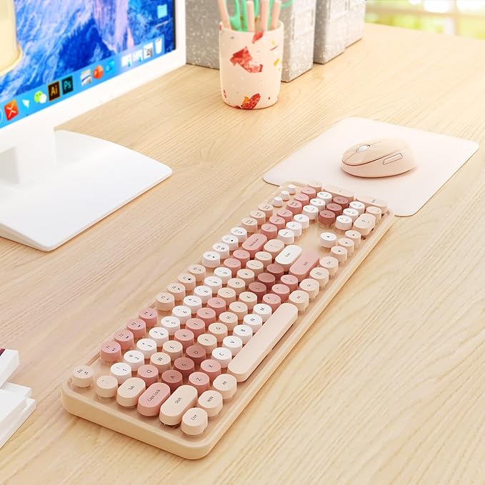 HotFox Wireless Keyboard and Mouse Combo, Full-Size Retro Typewriter Keyboard with Round Keycaps, Ergonomic Design for Windows PC, Home and Office Use -Brown