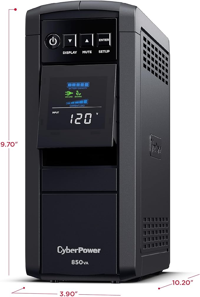 CyberPower CP850PFCLCD PFC Sinewave UPS Battery Backup and Surge Protector, 850VA/510W, 10 Outlets, AVR, Mini-Tower, UL Certified