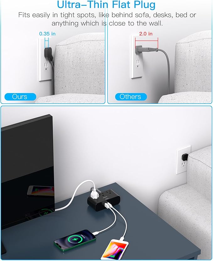 Black Flat Plug Power Strip, HANYCONY 6 Ft Ultra Thin Flat Extension Cord, 3 Outlets 3 USB Ports(2 USB C) Multi Plug Outlet Extender with No Surge Protector for Cruise Ship Travel Dorm Room Essentials