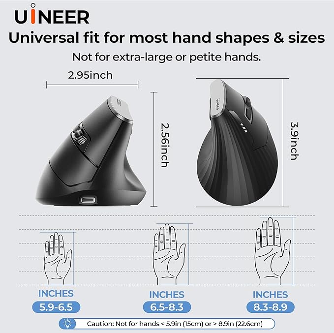 Uineer Wireless Ergonomic Mouse, Bluetooth Mice (BT4.0/5.0 and 2.4G) Rechargeable Vertical Mouse, 3 Multi-Device Connectivity for PC/Mac/Laptop/Computer, 4 DPI Quiet Clicks for Office, Home, Black