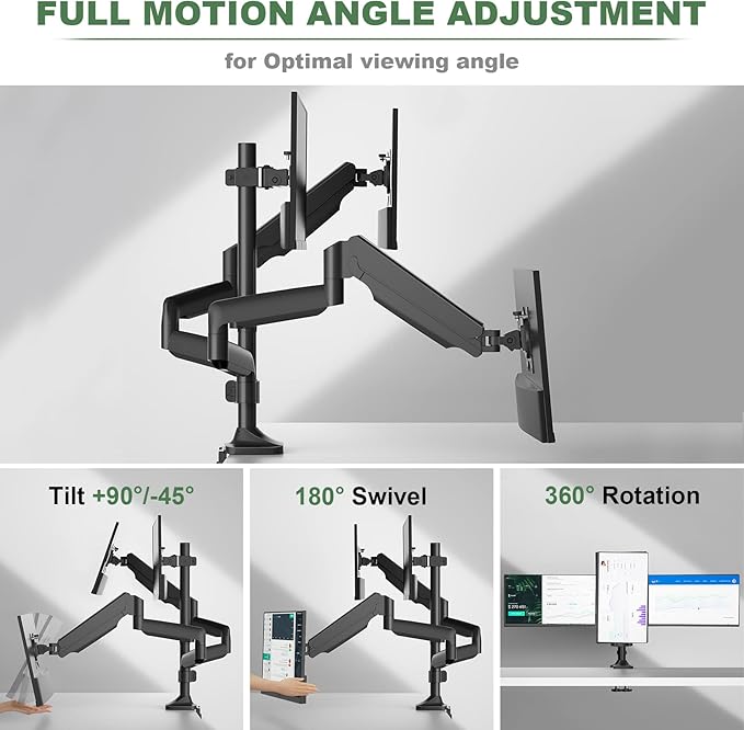 Triple Monitor Stand for Three Computer Screens up to 32”, Heavy Duty C-Clamp Base, Fully Adjustable Gas Spring 3 Monitor Desk Mount Arms Hold up to 30.9 lbs Each