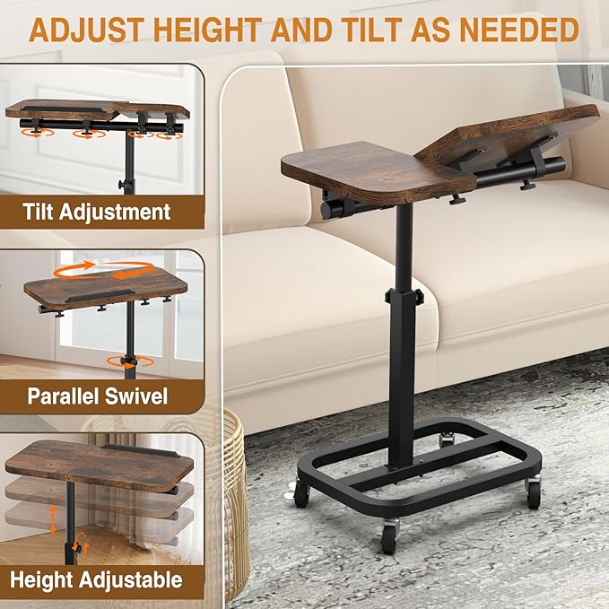 Large-Size Portable Laptop Rolling Desk with Wheels, Adjustable Height and Tilt Top Stable Mobile Over-Bed Table for Home Use - Brown
