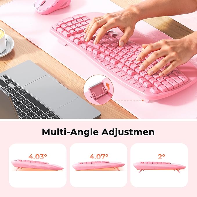MEETION Ergonomic Keyboard and Mouse Wireless, Wave Keys Natural Typing, 2.4G Wireless Keyboard with Wrist Rest, 4 Adjustable DPI Mouse, Computer/Laptop/Windows/Mac, Pink