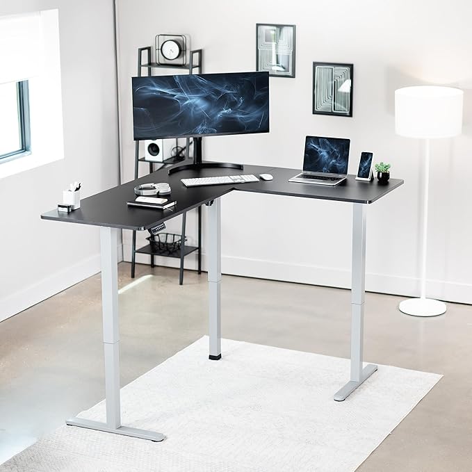 VIVO Corner Standing Desk, 63 x 55 inch Reversible L-Shaped Workstation, Electric Height Adjustment, Home, Office, and Reception Rooms, Black Table Top Gray Frame, DESK-E3CTGB