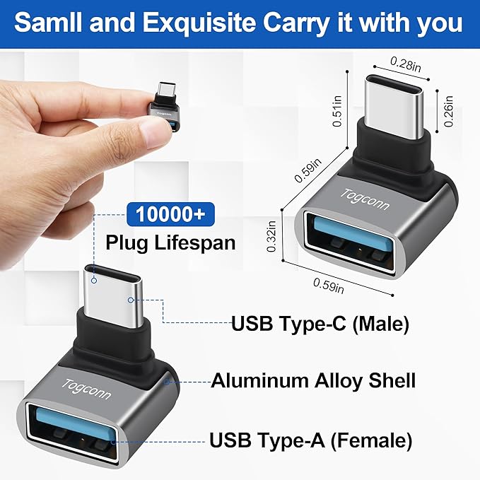 90 Degree USB C to USB Adapter 10Gbps, 2-Pack Right Angle Type-C (Male) to USB-A (Female) L-Shape Extender Converter Support Charge & Data Transfer for iPhone 16 15 Series, PC, Tablet, Laptop