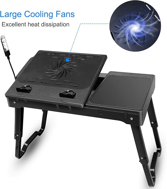Foldable Laptop Table with Cooling Fan, LED Light, 4 x USB Ports, Mouse Pad & Storage Groove for Laptop Use in Home Office