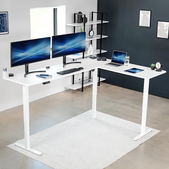 VIVO Corner Standing Desk, 84 x 63 inch Reversible L-Shaped Workstation, Electric Height Adjustment, Home, Office, and Reception Rooms, White Table Top White Frame, DESK-E3CTWW-84