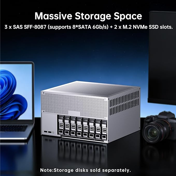 Thdeukoty Desktop NAS 8-Bay, Ultra 9 285H AI CPU, 32GB LPDDR5 8400Mhz RAM, 2 x 10GbE, 2 x M.2 NVMe Slots, HD/DP, PCIe 4.0 x 8 Slot, USB 4, Support Dual System Network Attached Storage (Diskless)