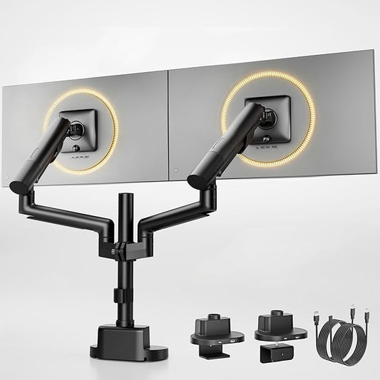 monTEK Dual Monitor Stand with USB Up to 35" Screens,Tall Post Mounted Monitor Arm Holds Max 24.3lbs Per Screen, Full Motion Adjustable Arm Desk Mount with C-Clamp/Grommet,VESA 75/100mm