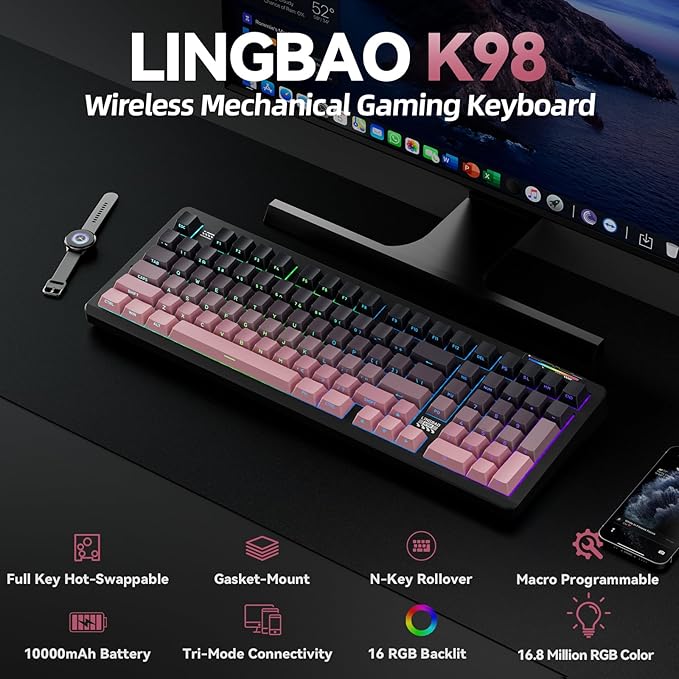 LINGBAO K98 - 96% Wireless Mechanical Keyboard, Tri-Mode BT5.0/2.4GHz/USB-C, Creamy Keyboard with Number Pad, Gasket Hot Swappable Linear Switches RGB Backlit Gaming Keyboards for Win/Mac/PC, (Pink)