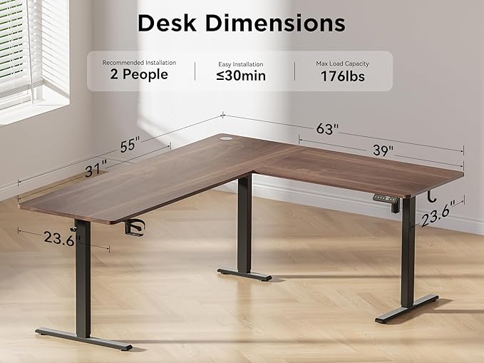 63X55 Inches Reversible L Shaped Standing Desk Height Adjustable with Cup Holder, Electric Corner Computer Desk, Sit Stand up Home Office Desk, Ergonomic Gaming Desk, Black Walnut