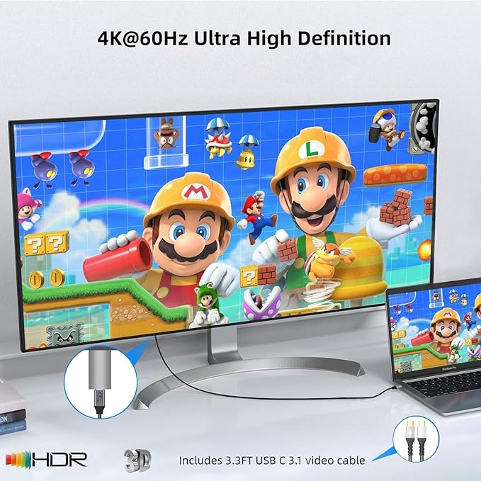 USB C Female to HDMI Male Adapter with USB Video Cable, 4K@60Hz Uni-Directional USB Type C Source to HDMI 2.0 Display Converter Thunderbolt 3/4 to HDM-I for i-/Phone 17 MacBok Pro/Air, Galaxy - 2 Pack