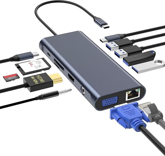 USB C Docking Station Hub (12 -in-1) with 4K 60HZ HDMI, Ethernet, VGA,Audio, USB3.0 TF/SD Dongle Docking Station Compatible for MacBook iPad Pro Dell Hp Lenovo