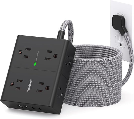 Surge Protector Power Strip 25 Ft Cord, Ultra Thin Flat Extension Cord with 8 Outlets 4 USB Ports(2 USB C), Flat Plug Power Strip, 25 Ft Long Braided Power Cord for College Dorm Room Essentials-BK