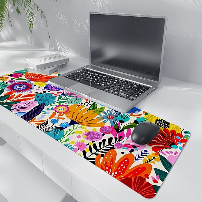 Boho Colorful Botanical Wildflower Mouse Pad,XL Large Floral Aesthetic Bright Maximalist Desk Mat,Folk Art Botanical Flower Mousepad for Home Office Dorm Desktop Decor,31.5x11.8 Inch