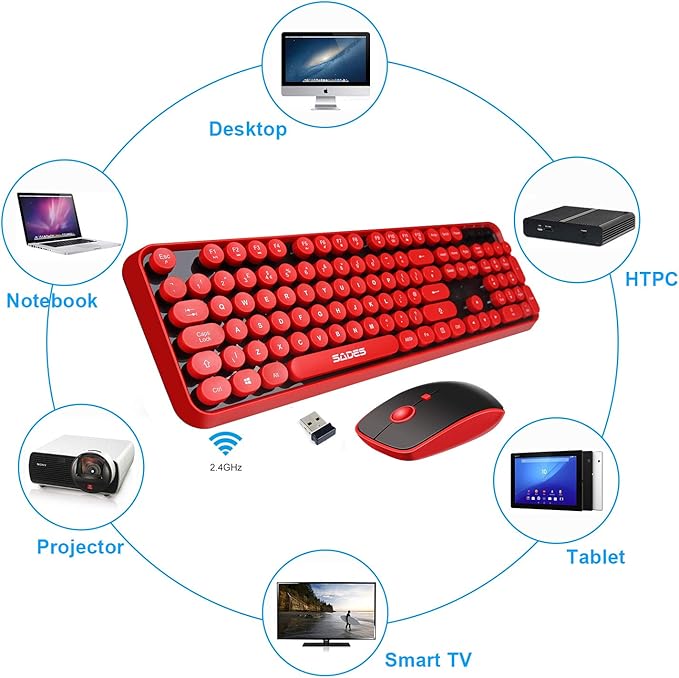 Wireless Keyboard Mouse Combo, 2.4GHz Wireless Typewriter Keyboard with 104 Cute Retro Round Keys, Letton Full Size Keyboard and Mouse with 3 DPI for Computer Mac PC Laptop-Black/Red