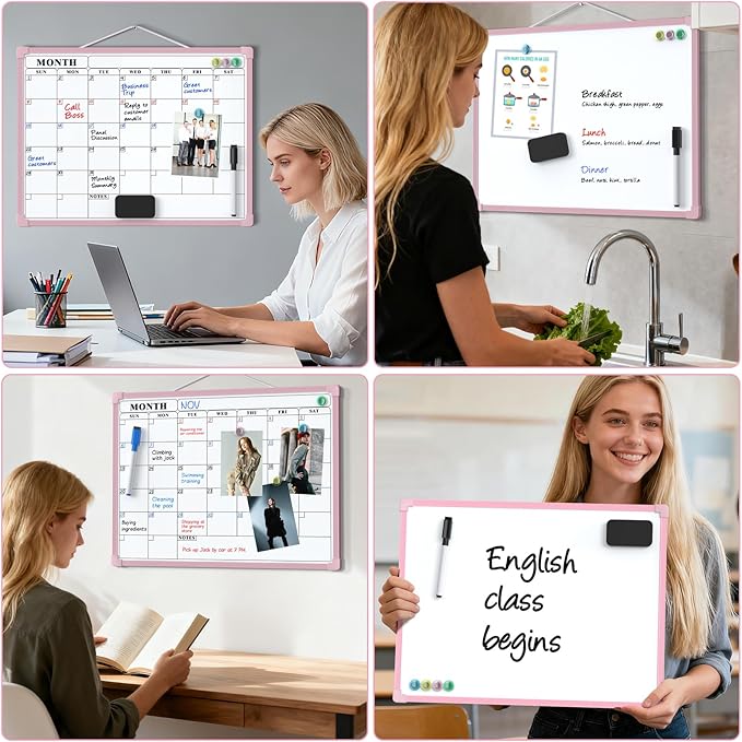 MaxGear Monthly Calendar Dry Erase Board for Wall, 16"x12" Small Hanging Double-Sided White Board, Portable Whiteboard for Planning, Drawing, Memo, to Do List, School, Home, Office, Pink Frame