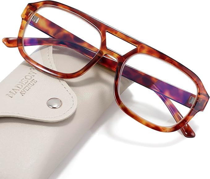 Madison Avenue Retro Aviator Blue Light Blocking Glasses for Women Men with Case, Trendy Rectangle Computer Eyeglasses