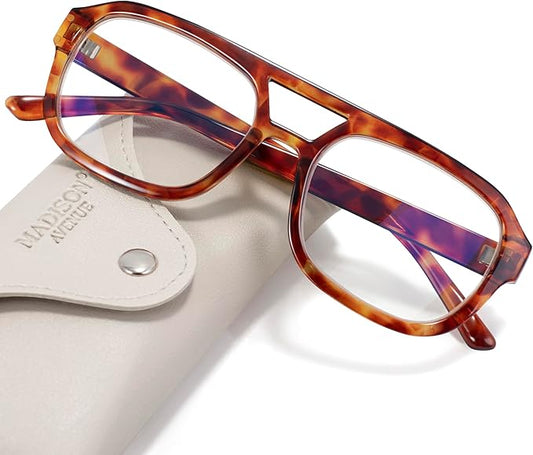 Madison Avenue Retro Aviator Blue Light Blocking Glasses for Women Men with Case, Trendy Rectangle Computer Eyeglasses