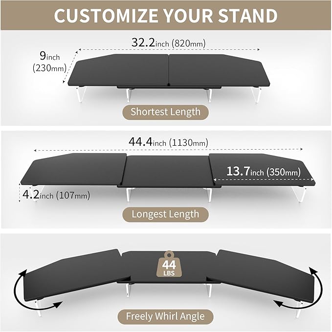 LED Dual Monitor Stand Riser for 2 Monitors,Office Desktop Wooden Stand Adjustable Length and Angle 3 Shelf,Extra Long Multifunctional Stand up to 44.4" for Computer,Laptop,TV,Black
