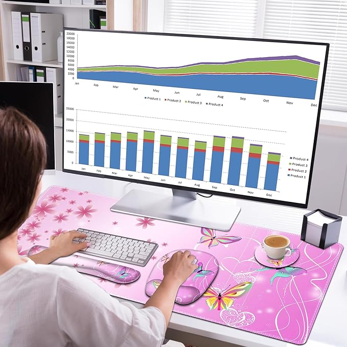 Mouse Pad with Wrist Support 4 in1 Set, XXL Big Game Mousepad + Keyboard Wrist Rest + Mouse Wrist Rest Pad +Coaster Gaming Mat for Work Study Home Office I Gradient Pink Butterfly Flower