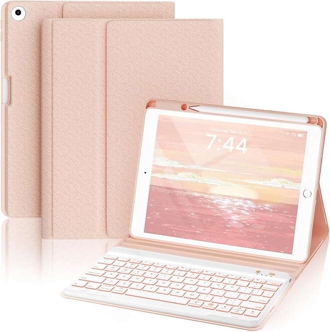 OYEEICE Keyboard case for iPad 9.7 inch, iPad 6th Gen (2018), iPad 5th Gen (2017), iPad Air 2 (2014) - 7 Color Backlit Wireless Keyboard with Pencil Holder for iPad 6th/5th Pro 9.7'' Air 2/1- Pink