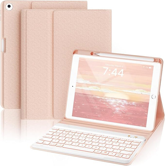 OYEEICE Keyboard case for iPad 9.7 inch, iPad 6th Gen (2018), iPad 5th Gen (2017), iPad Air 2 (2014) - 7 Color Backlit Wireless Keyboard with Pencil Holder for iPad 6th/5th Pro 9.7'' Air 2/1- Pink