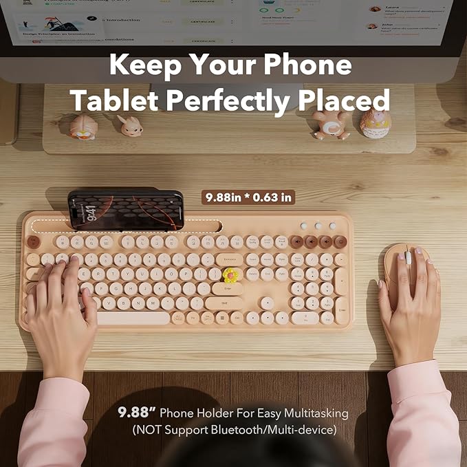 Wireless Keyboard and Mouse Combo with Retro Round Keycaps, Full-Size Cute Typewriter Keyboard with Large Phone/Tablet Holder, 2.4GHz Cordless for Mac, Windows PC, Laptop, Trueque CK13, Milk Tea Beige