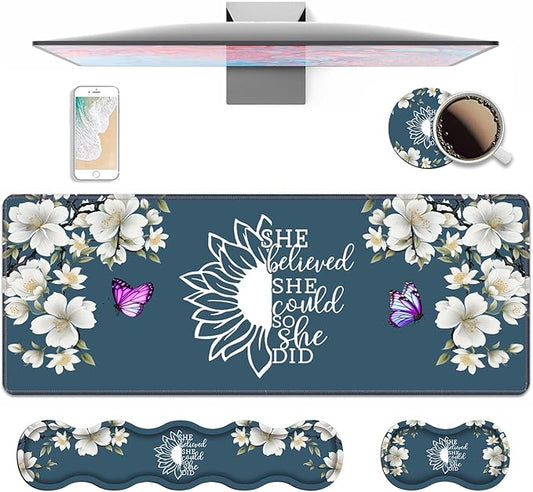 Ergonomic Keyboard Wrist Rest & Mouse Pad Wrist Rest Set, She Believed She Could So She Did Inspirational Quote Large XXL Gaming Desk Mat 31.5"x 11.8" with Non-Slip Base for Home Office Study Gaming