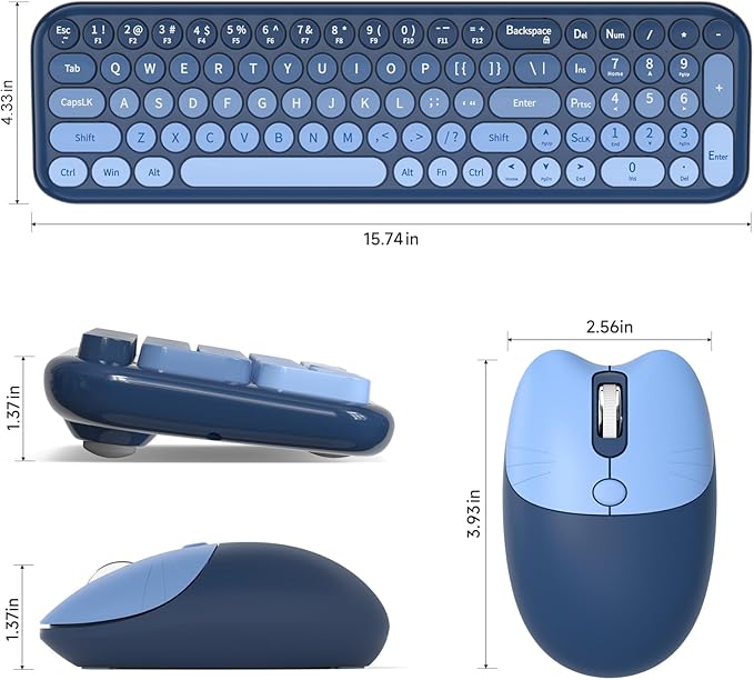 Wireless Keyboard and Mouse Combo, Typewriter Keyboard with Compact Size, Cute Cat Shaped Mouse, USB Plug and Play for Windows, Computer, PC, Laptop, Desktop (Blue Gradient)