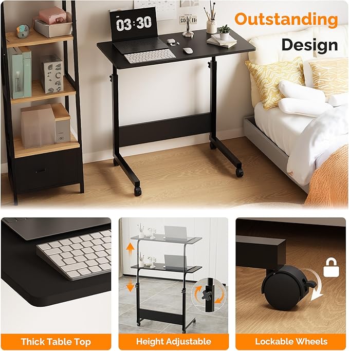 FCH Portable Computer Workstation, Standing Desk Adjustable Height, Small Computer Desk w/Rolling, Sit Stand Laptop Desk TV Tray for Bed Sofa Hospital Reading Eating,Black, 31.5"