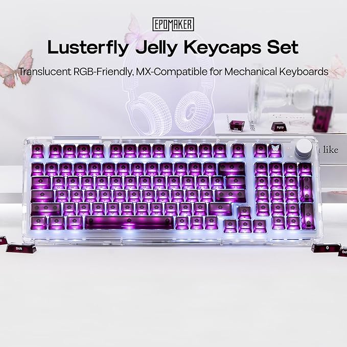 EPOMAKER Lusterfly Jelly Keycaps Set - 123 Keys Double-Shot Laser Engraved, MDA Profile, ABS+PC, Non-Shine-Through, MX-Compatible for 61/68/84/87/98/100/104-Key Mechanical Keyboard (Red)