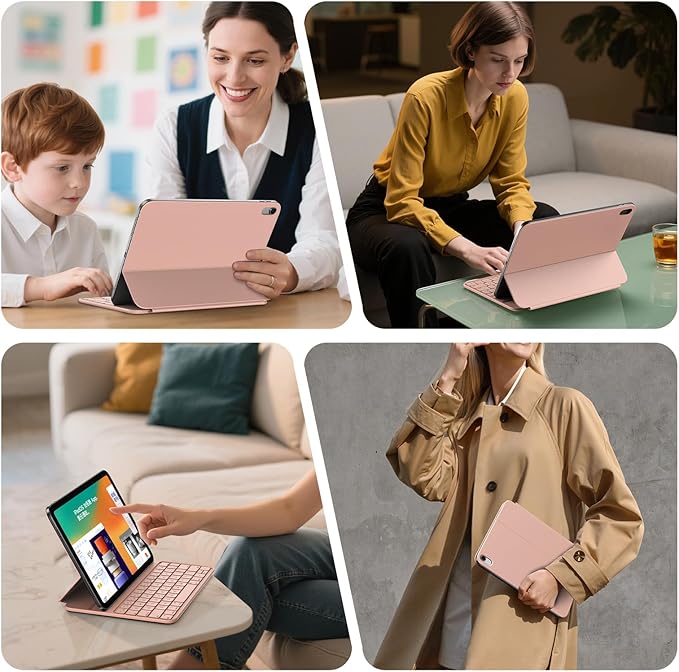 HOU Slim Bluetooth Keyboard Case for 2025 11th-Gen iPad (A16) & 2022 10th-Gen iPad, Smart Folio, Magnetic Stand with 2 Ergonomic Tilt Angles, Recyclable Synthetic Leather, Long-Life Battery, Pink